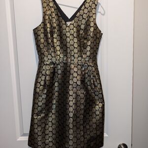 J. Crew Women's Gold Black Metallic Dot Jacquard V-Neck Dress Size 6 Evening